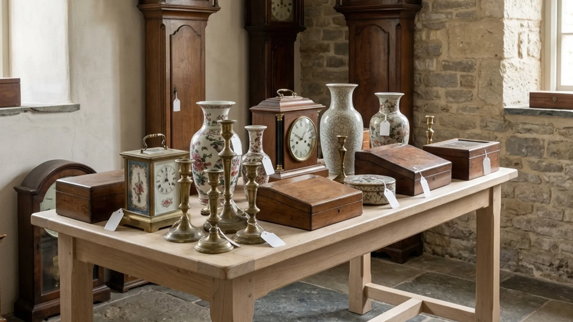 Clocks, vases, and brass lots in a stone room