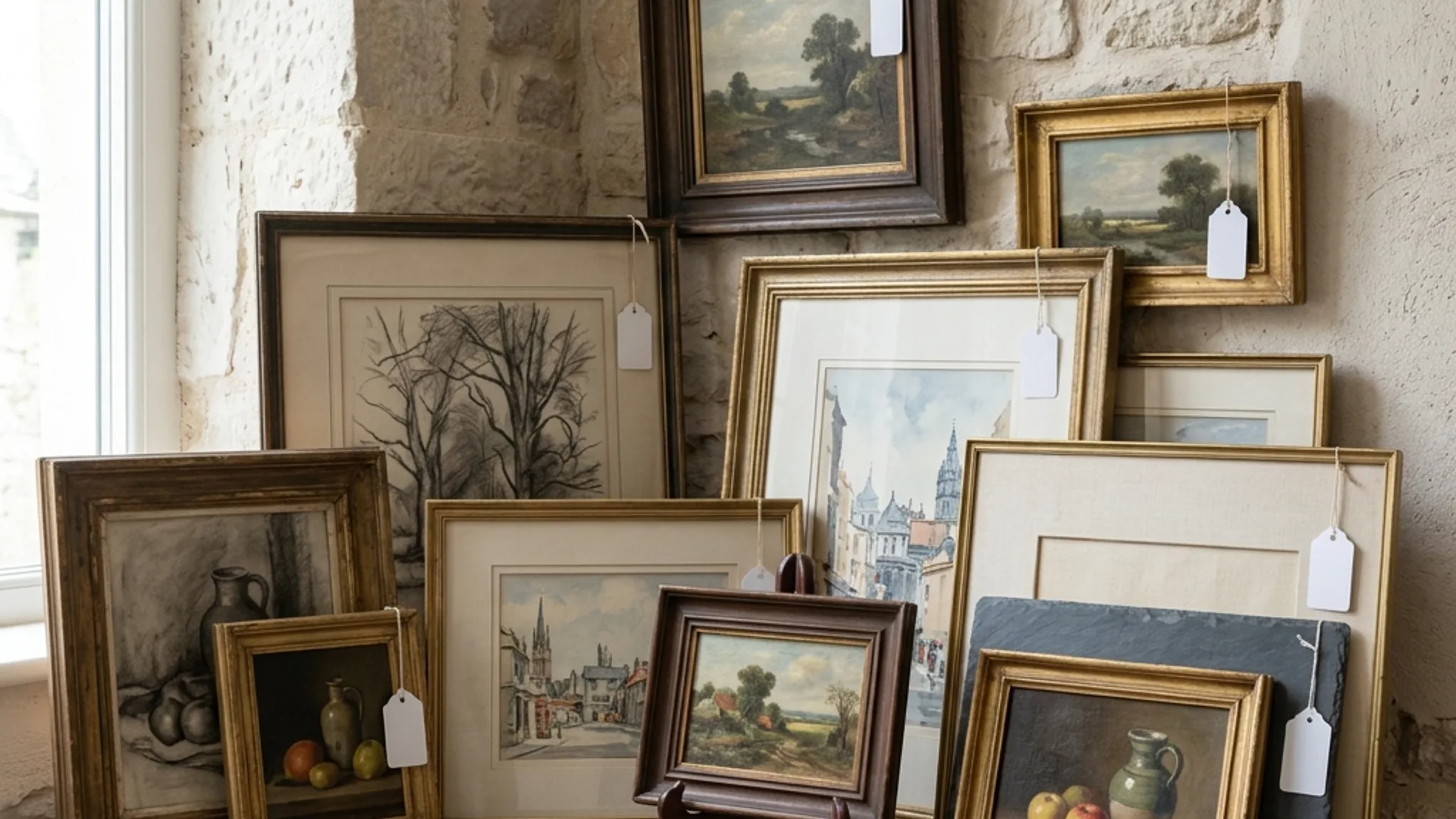 Framed paintings clustered against a gallery wall