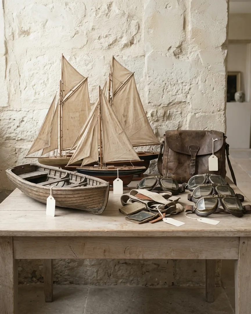 A small vessel and aviation lots in a stone courtyard
