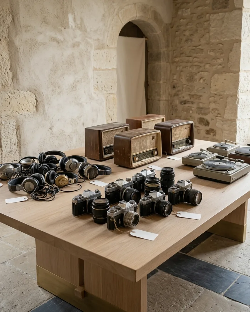 Headphones, a radio, a camera, and a turntable