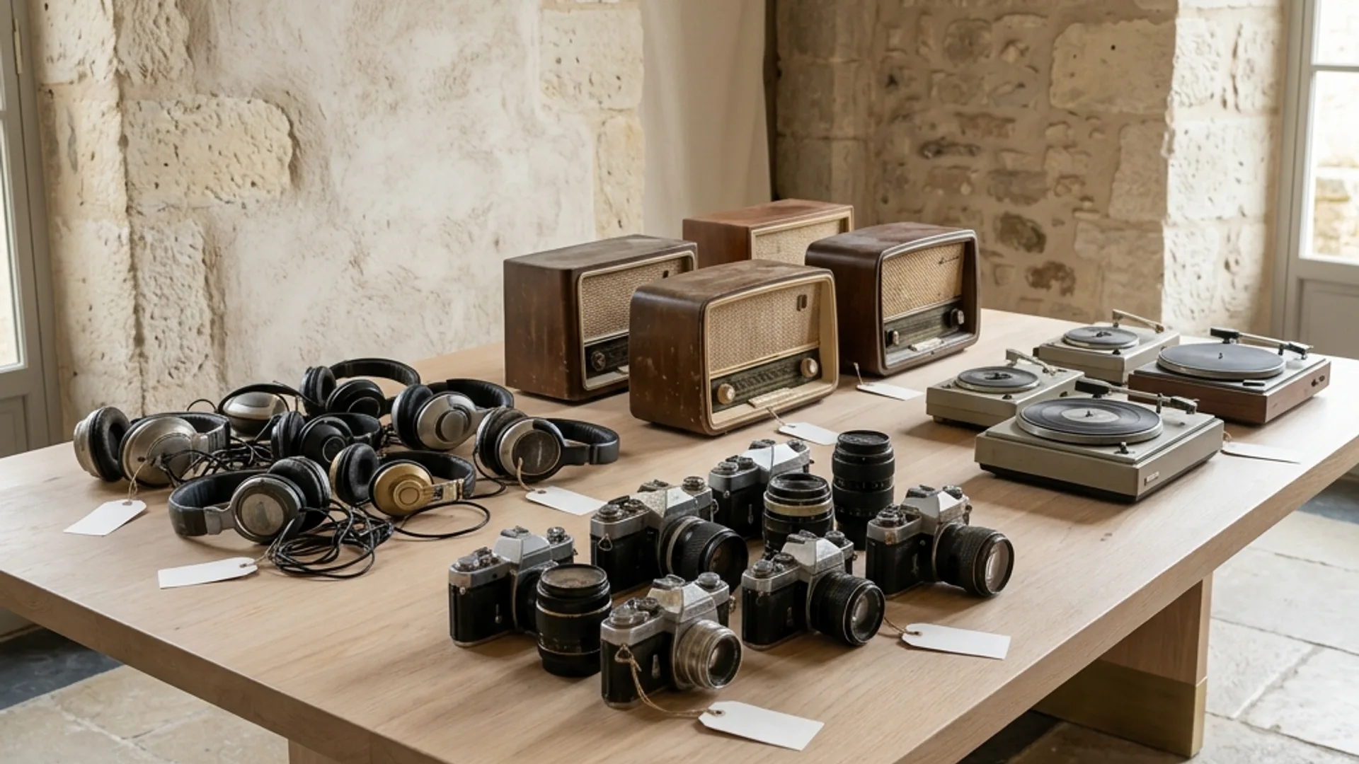 Headphones, a radio, a camera, and a turntable as lots