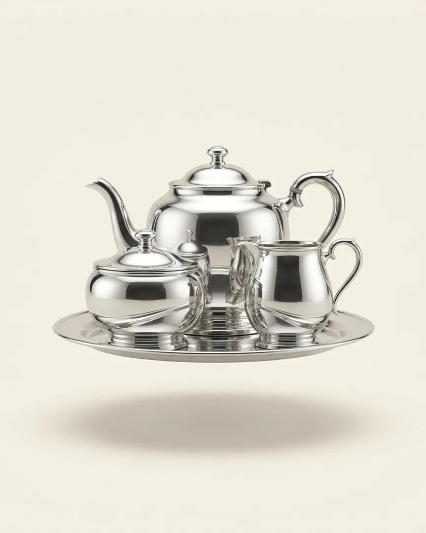 Silver, bowls, and linen lots on a dining table