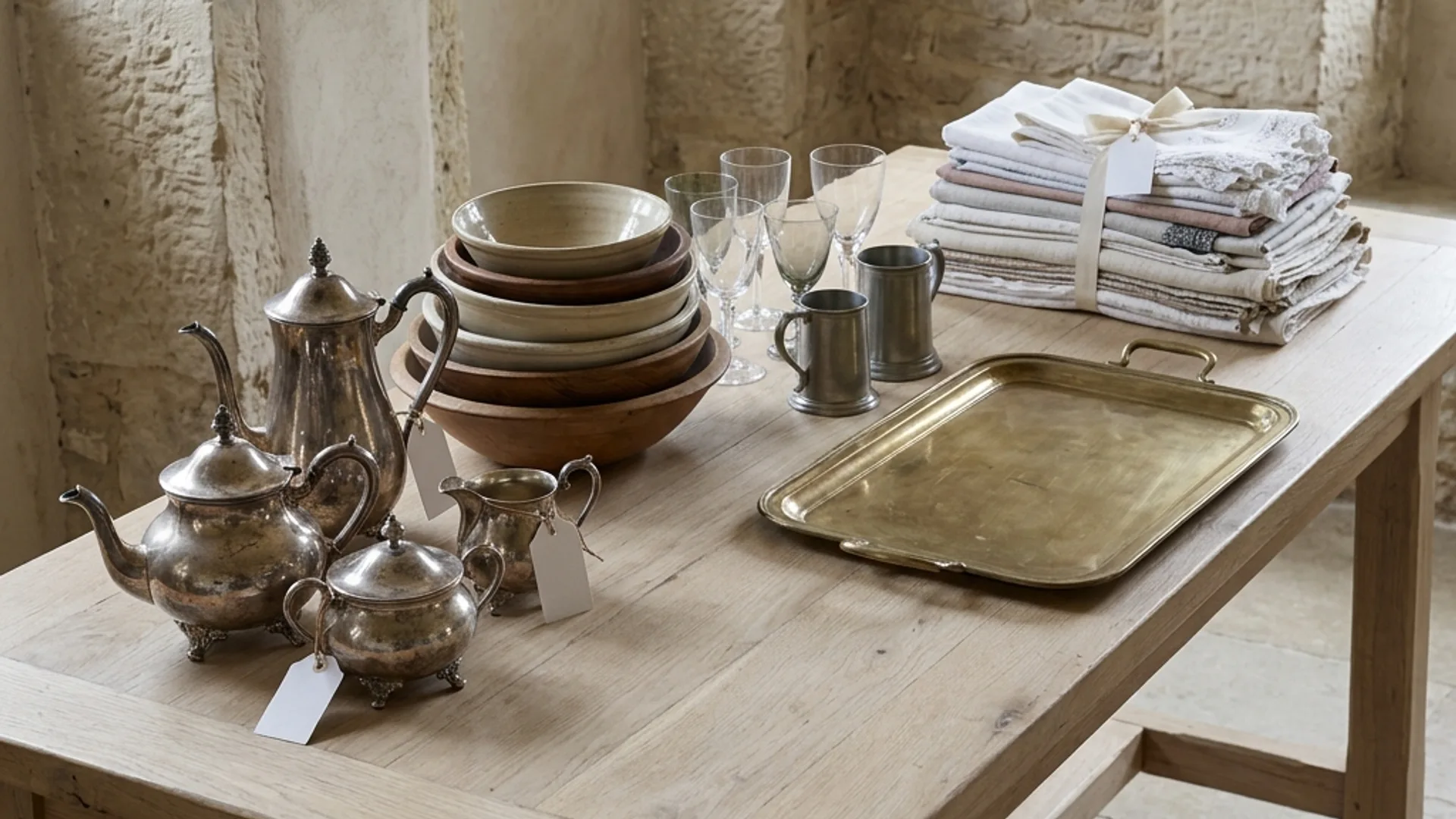 Silver, bowls, and linen lots on a dining table