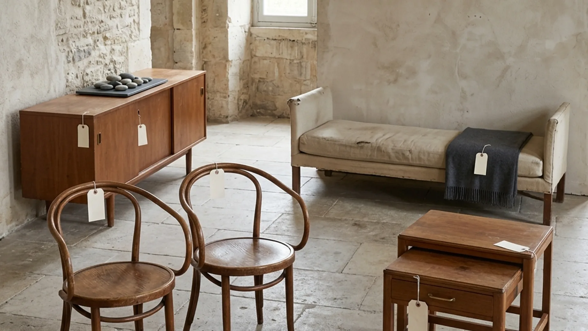 Chairs, a bench, and a sideboard in a stone room