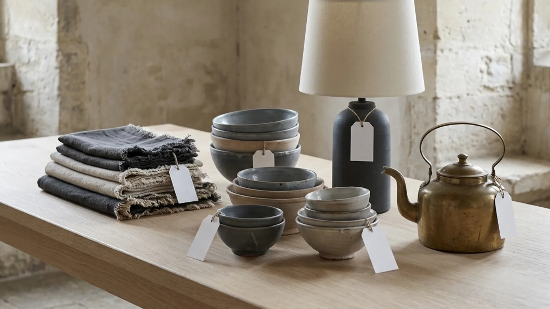 Bowls, linen, a lamp, and housewares on a table