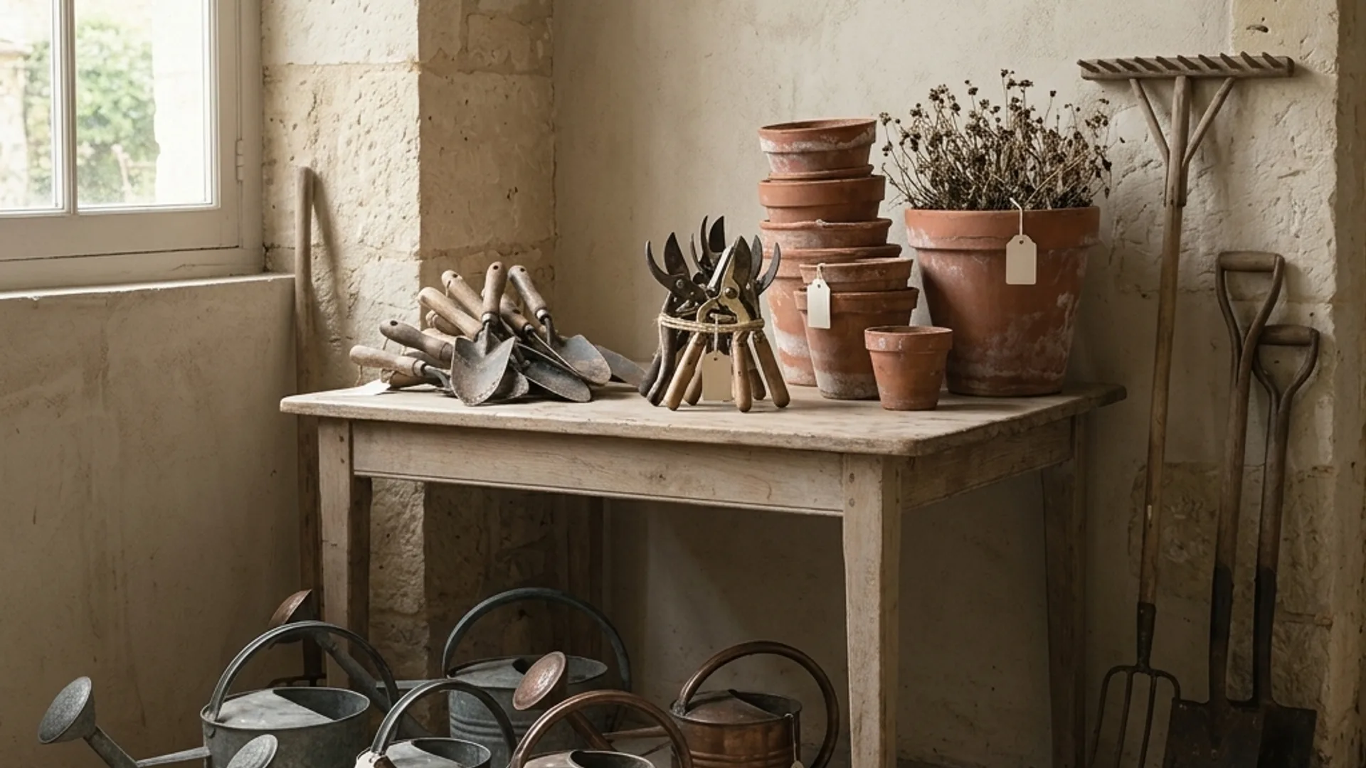 Garden tools and planters set out on a driveway