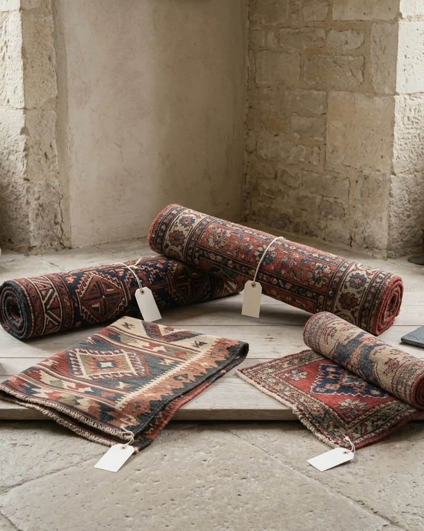 Several rolled and flat rugs in a stone room