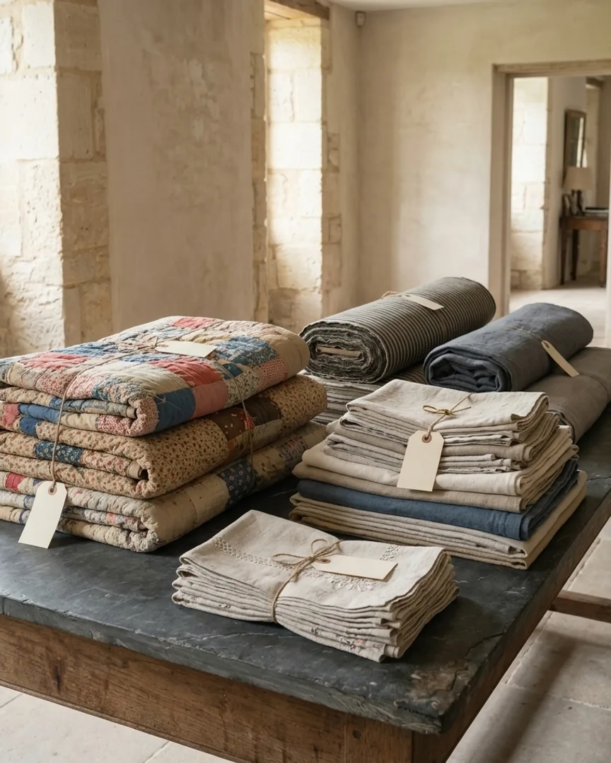 Folded fabric, quilts, and linen lots on a stone table