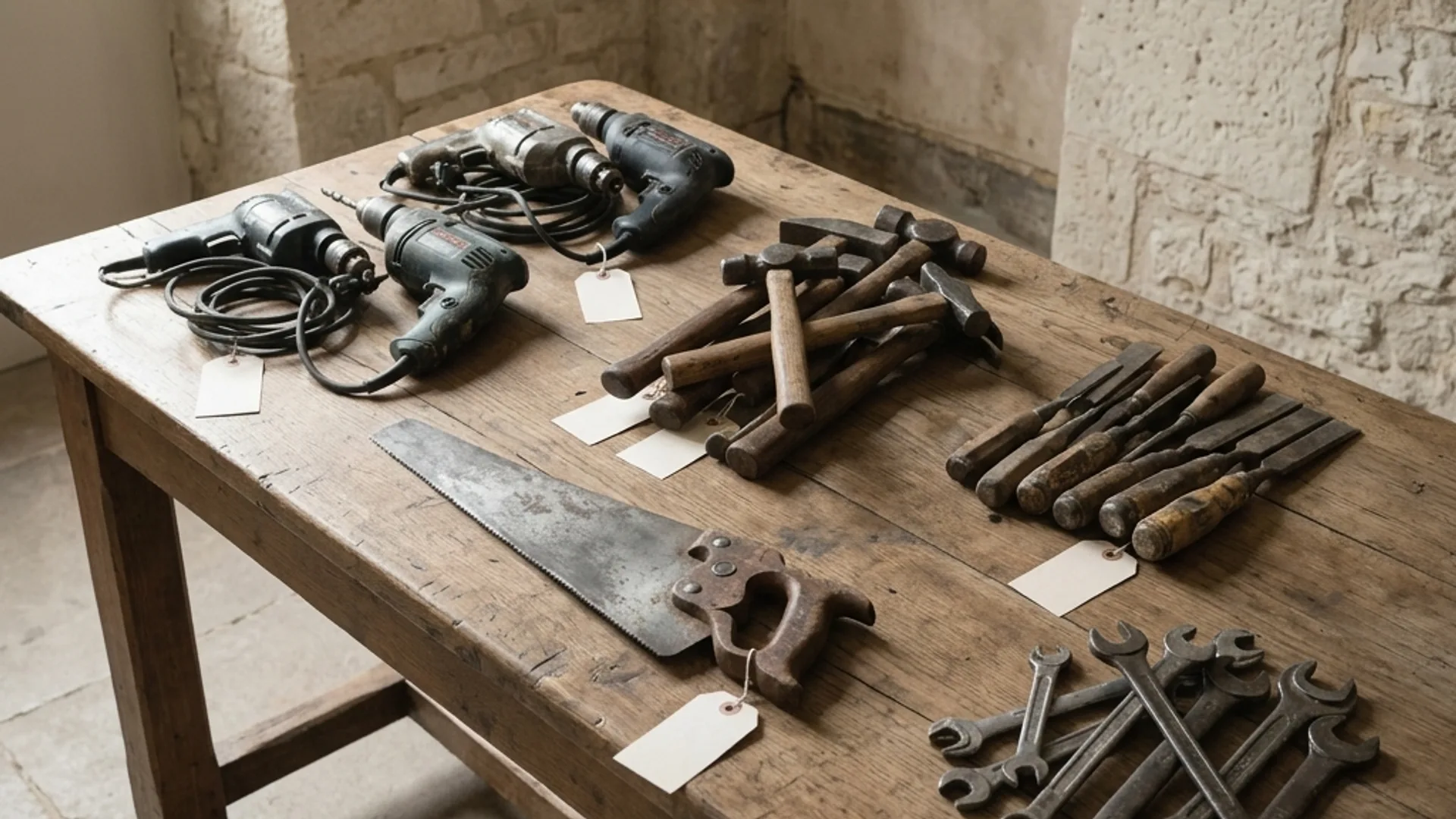 Hand tools laid out across a workbench