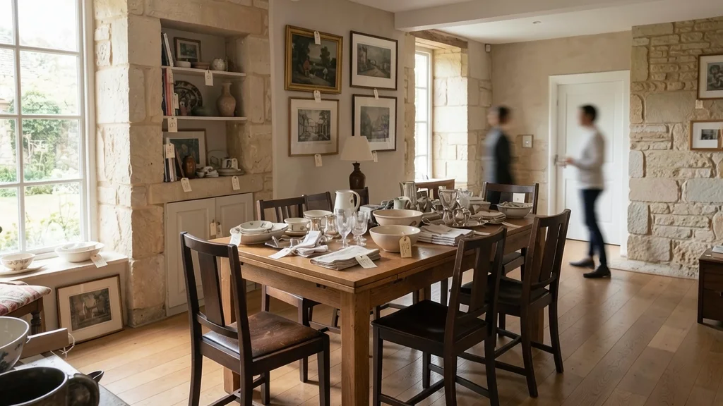 Estate-sale dining room with tagged household objects photographed in place