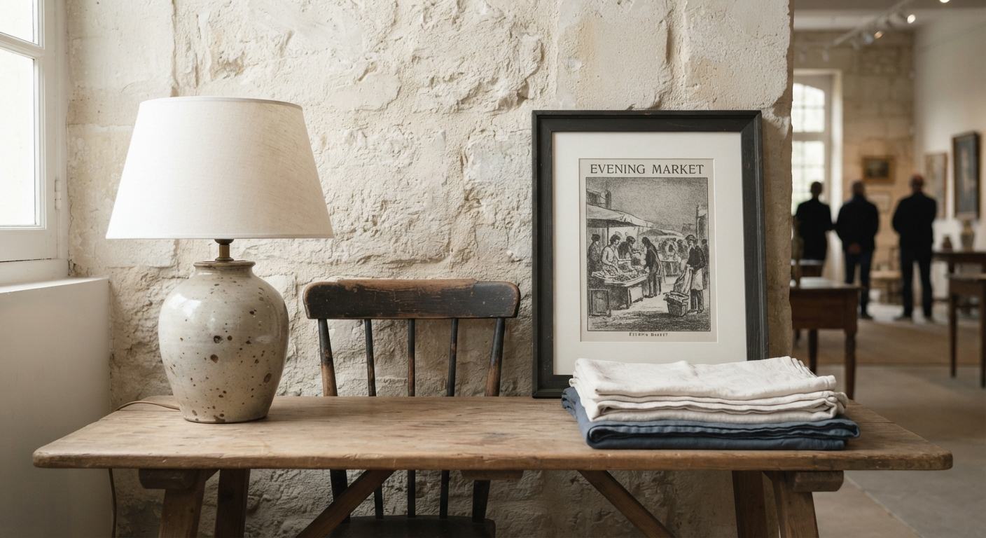 Tabletop of mixed estate lots in a stone room